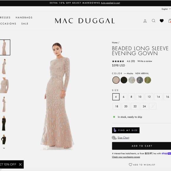 NWT $598 Mac Duggal [ 10 ] Beaded Long Sleeve Evening Gown in Mocha‎ #Q755 - Picture 3 of 15